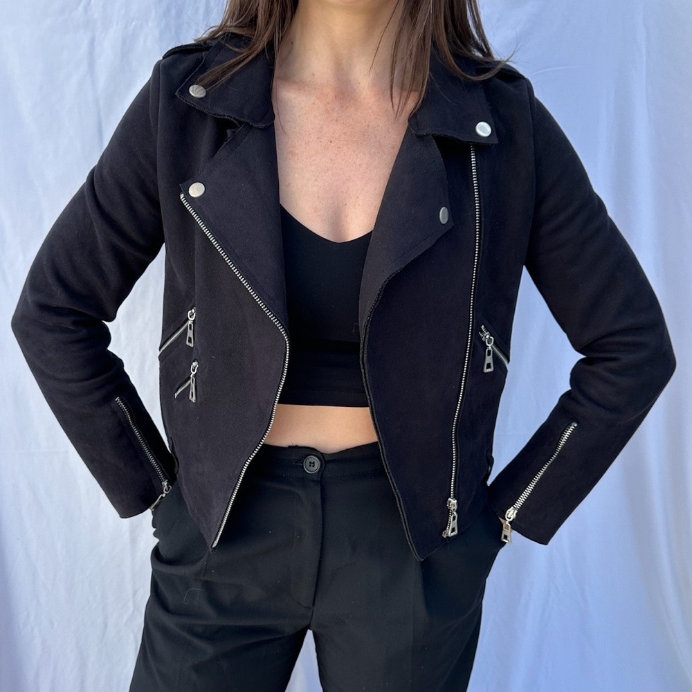 Black Thin Faux Suede Moto Jacket